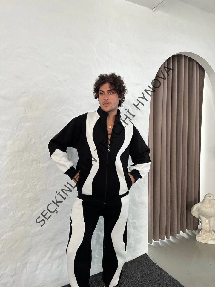 Erkek Premium Parçalı Eşofman Takım - Dik Yaka Fermuarlı Sweatshirt, - Siyah