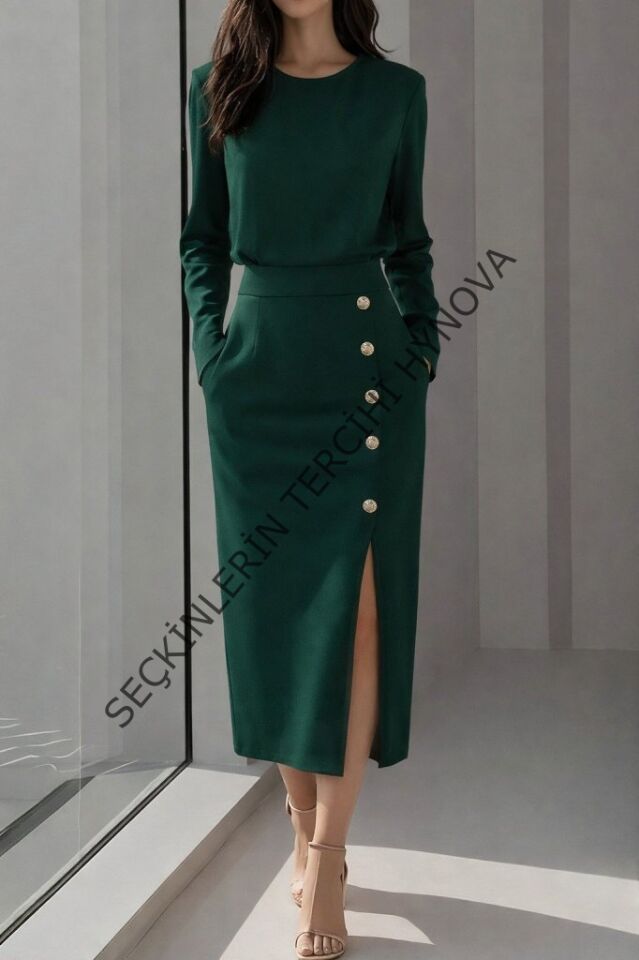 Kadın Uzun Kollu Bisiklet Yakalı Yandan Yırtmaçlı Düğmeli Midi Ithal Krep Elbise