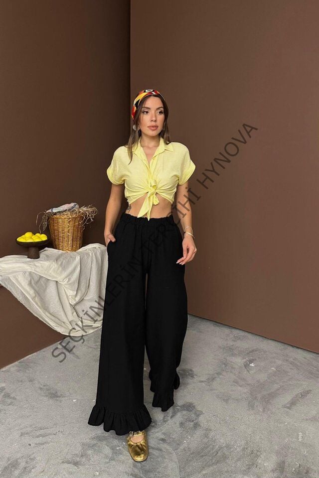 Siyah Paçası Fırfırlı Keten Pantolon