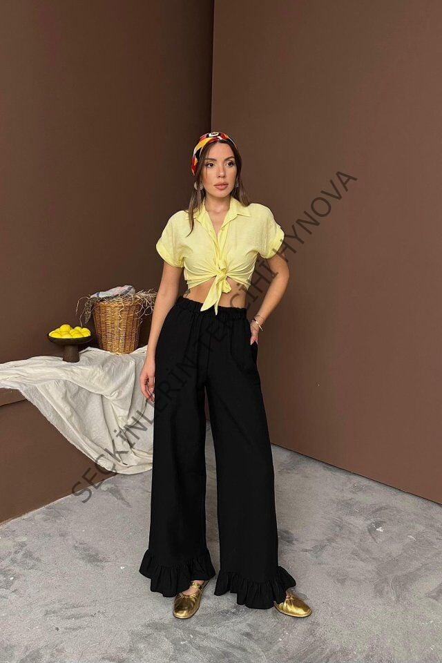 Siyah Paçası Fırfırlı Keten Pantolon