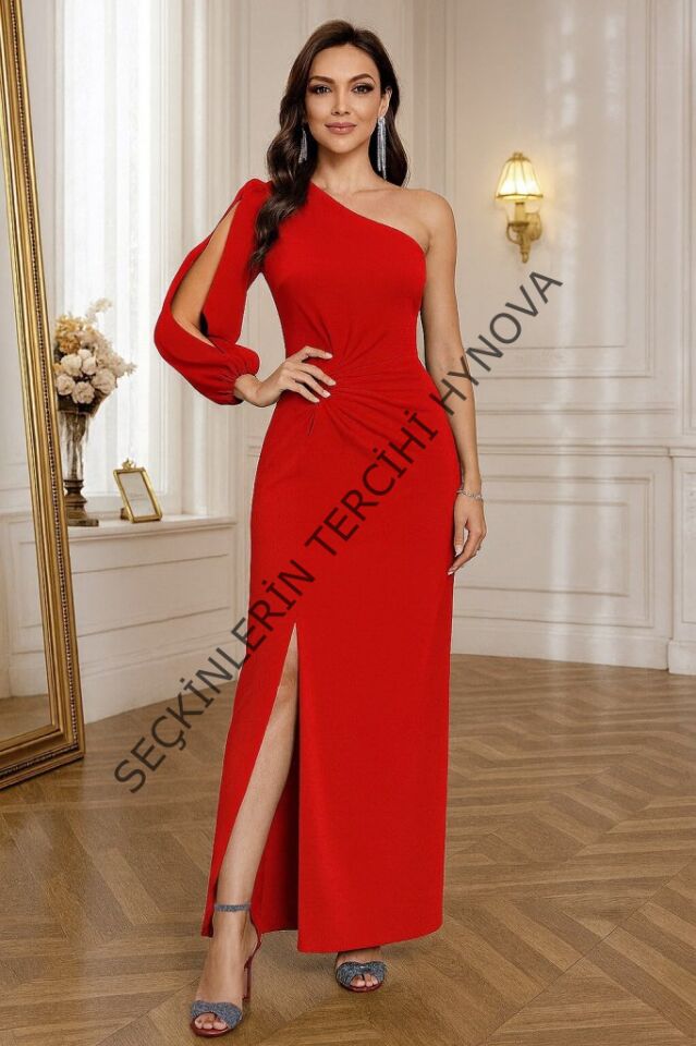 Tek Omuz Açık Derin Yırtmaçlı Krep Tam Boy Elbise