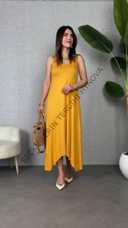Kadın çan Dokuma Kumaş V Yaka Asimetrik Kesim Elbise