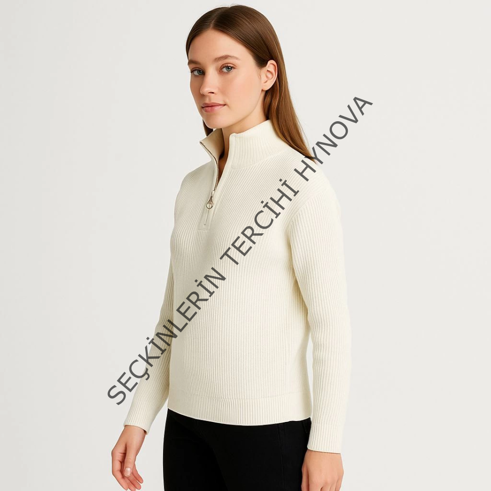 KADIN Yarım Fermuarlı Triko Kazak – Selanik Örgü, Dik Yaka, Pamuklu Dokuma, Oversize Uzun Kollu Kışlık Model - Beyaz