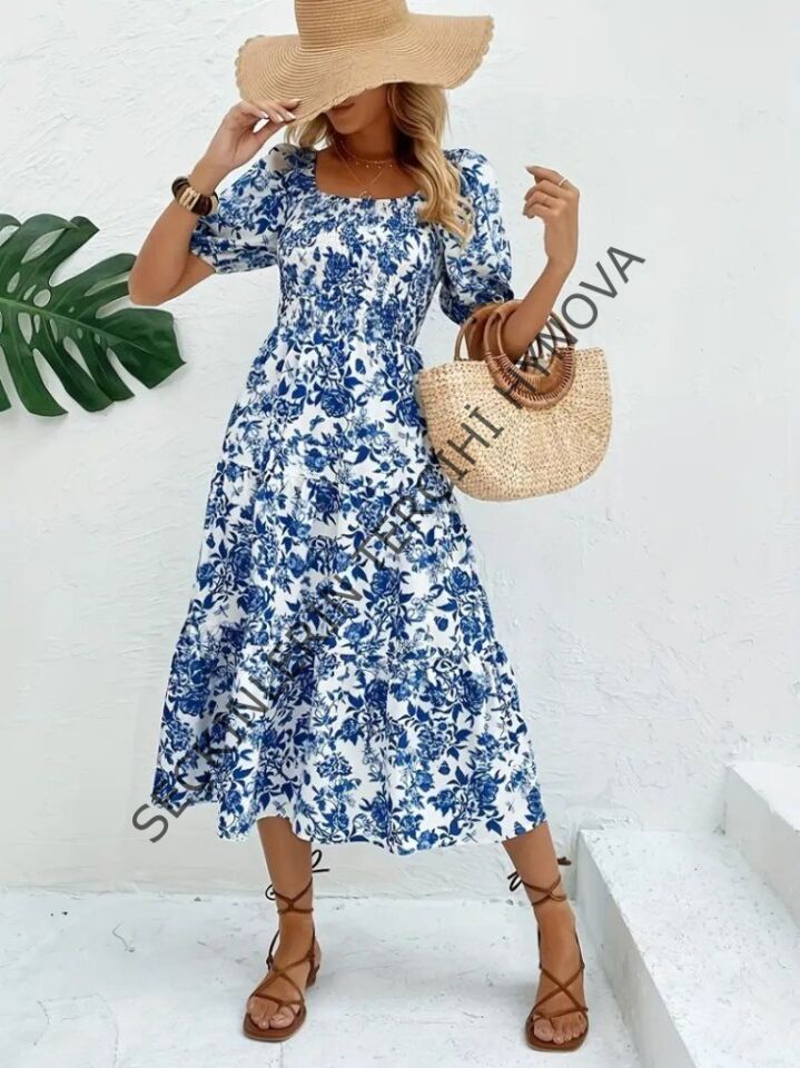 Kadın Kısa Kollu Kare Yakalı Lastikli Desenli Süprem Elbise