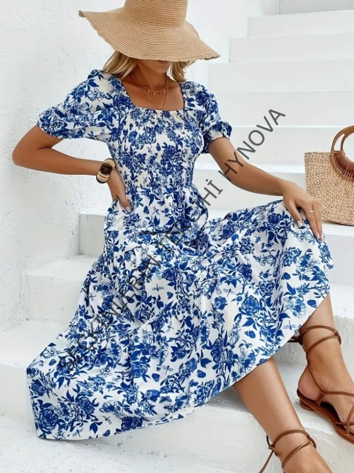 Kadın Kısa Kollu Kare Yakalı Lastikli Desenli Süprem Elbise