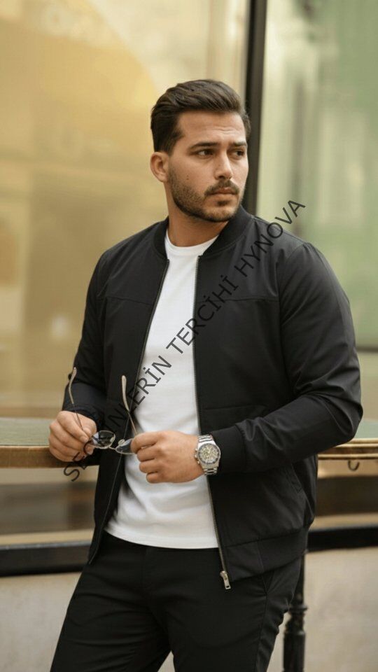 Erkek İçi Astarlı Su Geçirmez Bomber Mevsimlik Ceket - Siyah