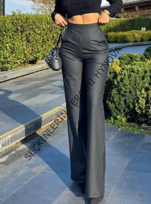 Kadın Yüksek Bel Cepli şardonlu Geniş Paçalı Mat Deri Pantolon