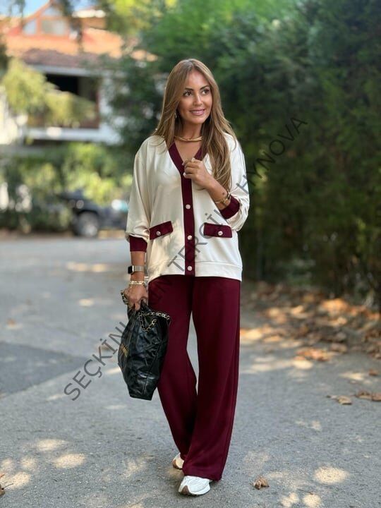 Kadın Uzun Kollu Ribanali Cep Detay Hırka Ve Bol Paça Pantolon Ikili Takım