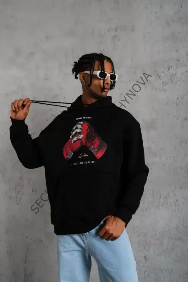 Erkek Eldiven Baskılı Kapüşonlu Sweat - Siyah