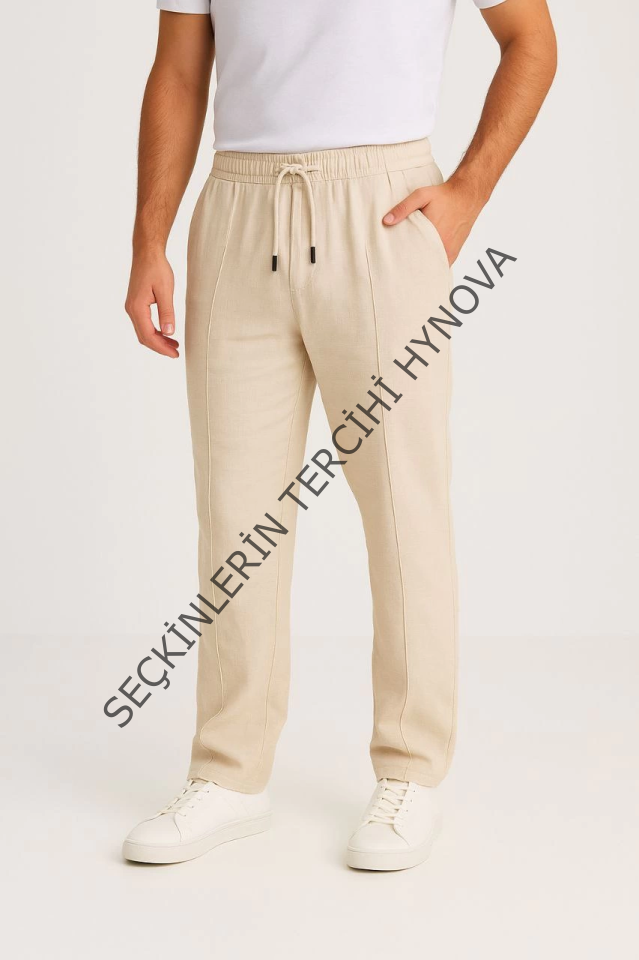 Erkek Keten Pantolon – Cepli, Beli Lastikli Ve Bağcıklı, Nefes Alan Rahat Kalıp, Yazlık Ve Baharlık Günlük Giyim, Şık - Konforlu Boru Paça Model - Bej
