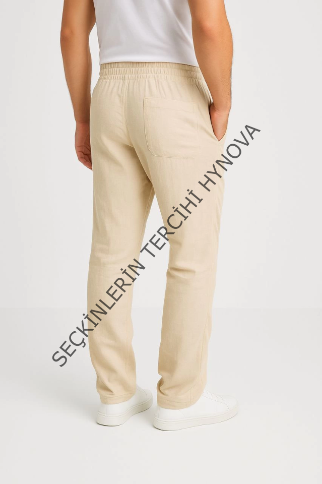 Erkek Keten Pantolon – Cepli, Beli Lastikli Ve Bağcıklı, Nefes Alan Rahat Kalıp, Yazlık Ve Baharlık Günlük Giyim, Şık - Konforlu Boru Paça Model - Bej