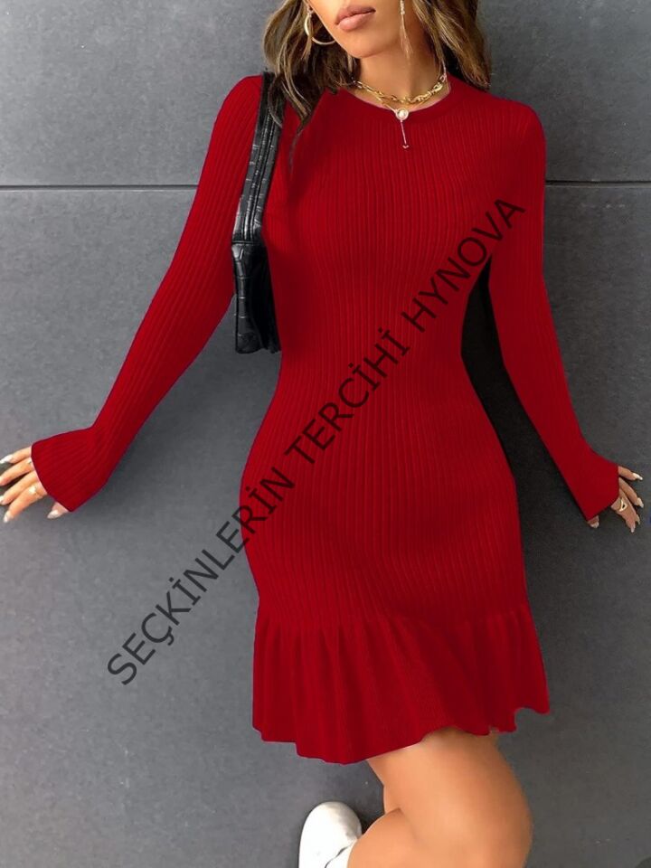 Kadın Bisiklet Yaka Uzun Kol Etek Ucu Fırfırlı Triko (polyenit) Mini Boy Elbise
