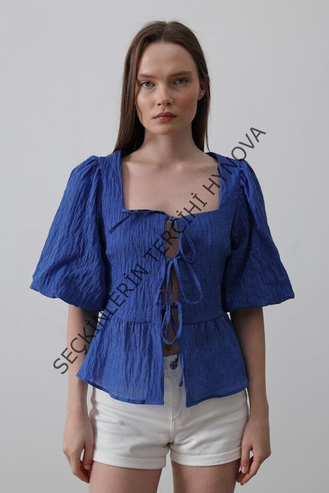 Kare Yaka Balon Kol Bluz - Mavi