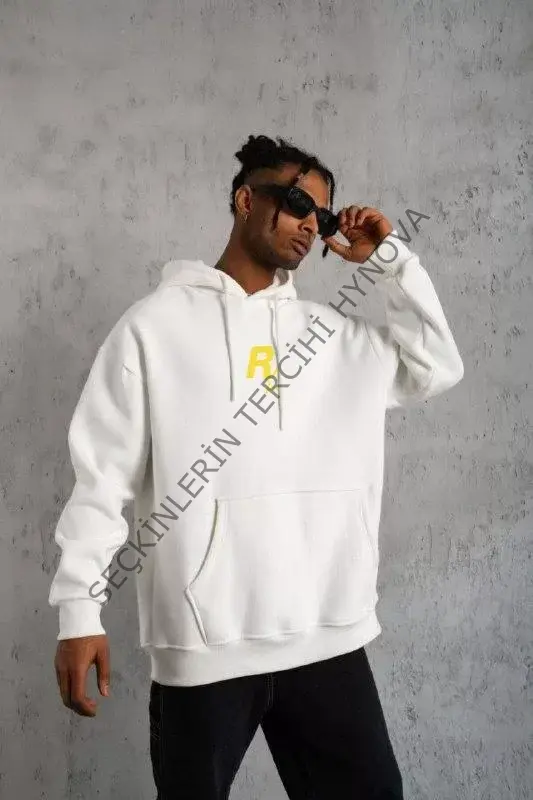 Unisex Kapşonlu Baskılı Sweetshirt - Beyaz