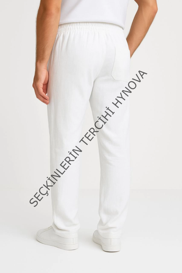 Erkek Keten Pantolon – Cepli, Beli Lastikli Ve Bağcıklı, Nefes Alan Rahat Kalıp, Yazlık Ve Baharlık Günlük Giyim, Şık - Konforlu Boru Paça Model - Beyaz