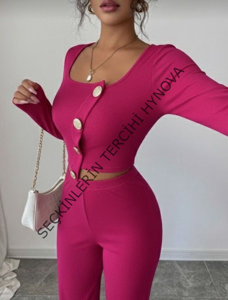 Kadın Uzun Kol Kare Yaka Asimetrik Düğme Detay Bluz Ve Yüksek Bel Pantolon Ikili Takım