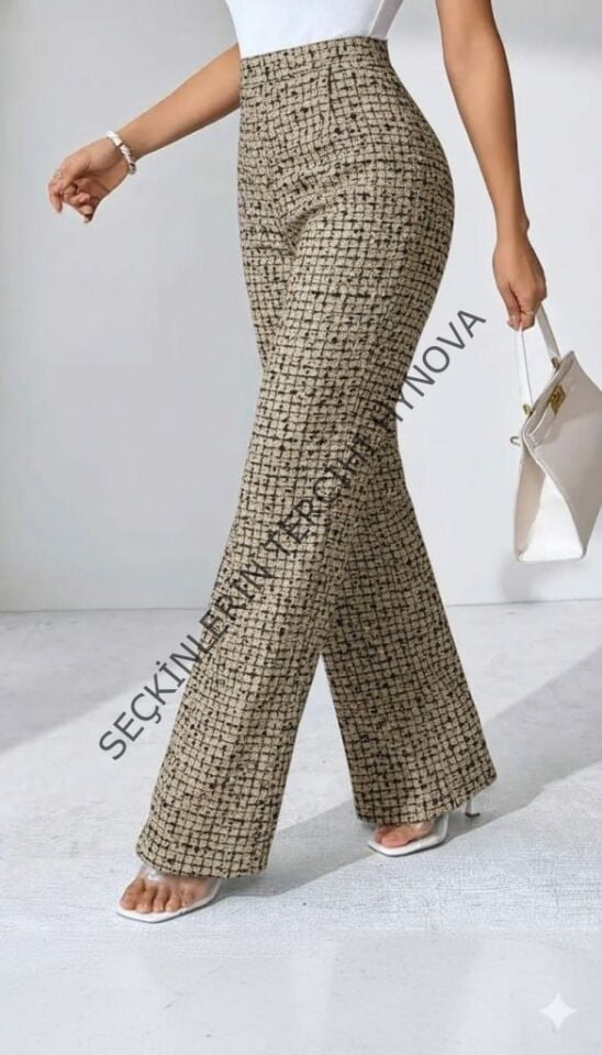 Kadın Yüksek Bel Paçaya Doğru Geniş Dokuma Pantolon