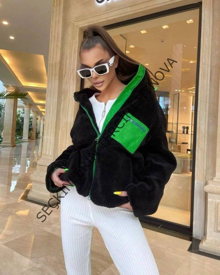 Kadın Uzun Kollu Renkli Cep Ve Fermuar Detay Peluş Mont