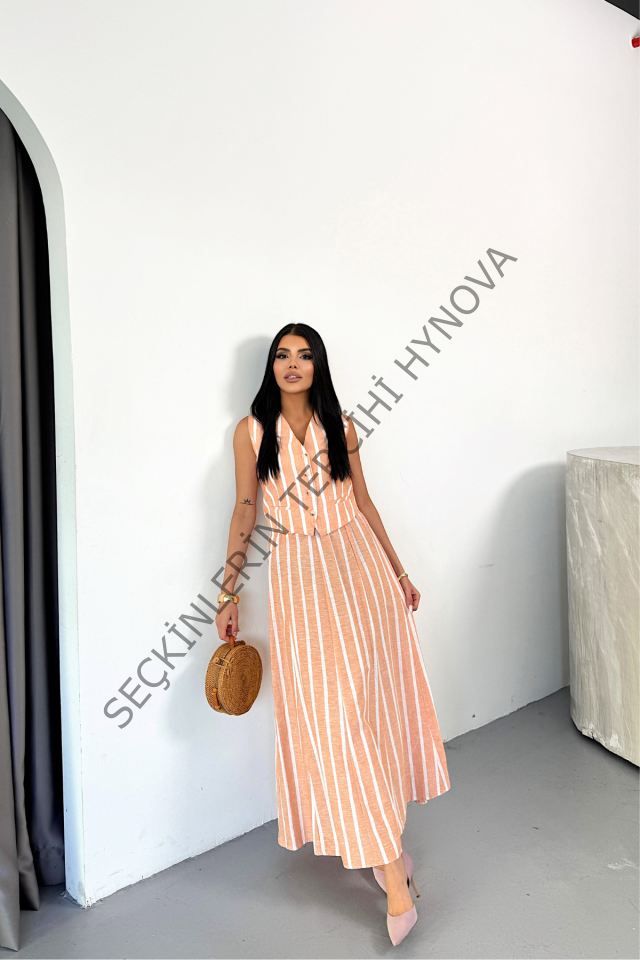 KETEN ÇİZGİLİ YELEK - UZUN ETEK TAKIM - Orange