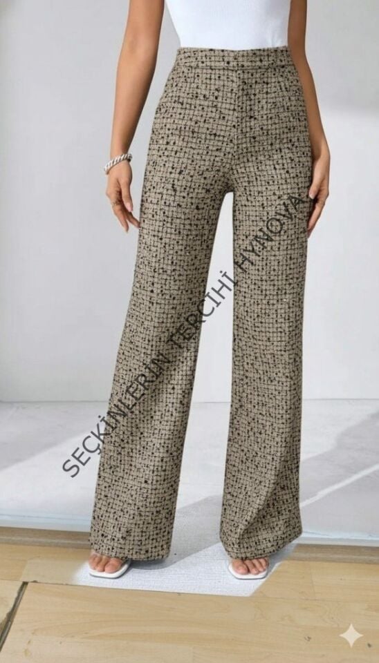 Kadın Yüksek Bel Paçaya Doğru Geniş Dokuma Pantolon