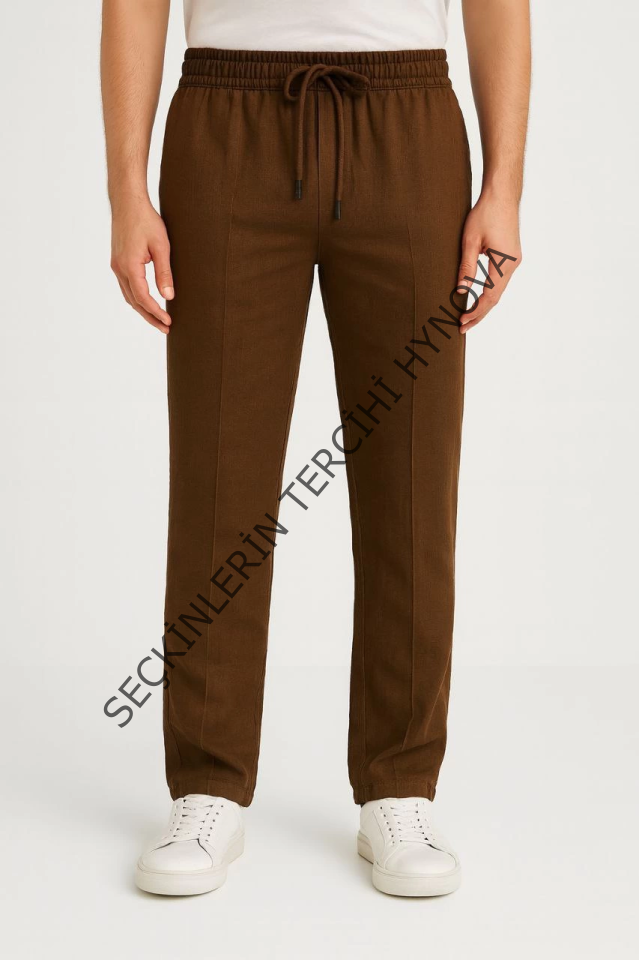 Erkek Keten Pantolon – Cepli, Beli Lastikli Ve Bağcıklı, Nefes Alan Rahat Kalıp, Yazlık Ve Baharlık Günlük Giyim, Şık - Konforlu Boru Paça Model - Kahverengi