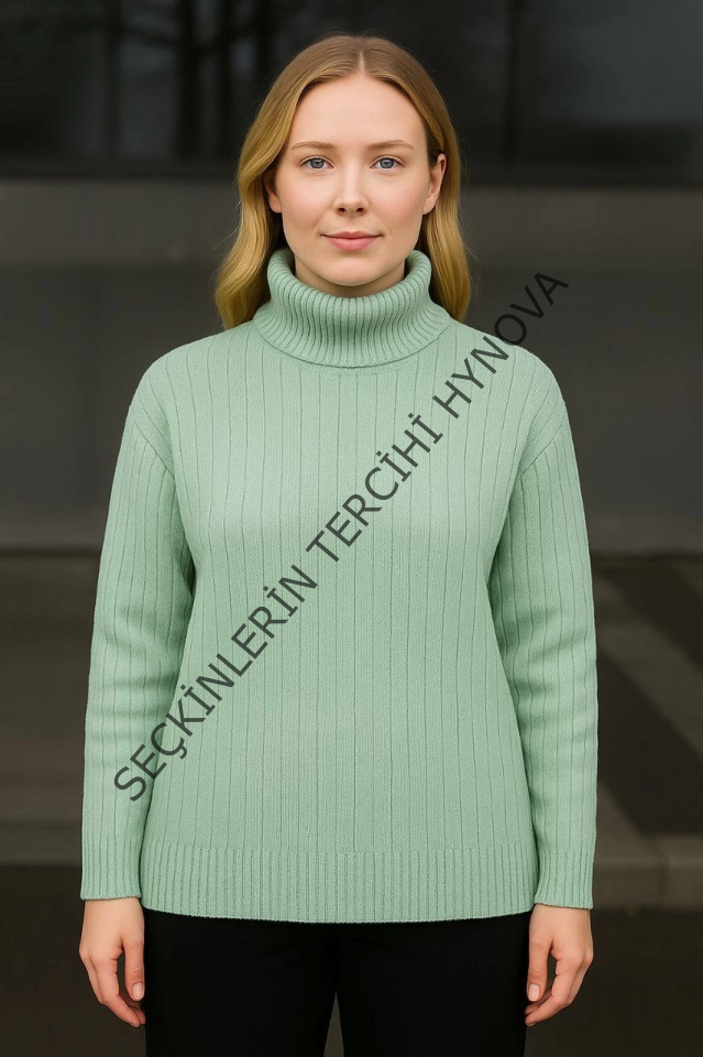Balıkcı Yaka Bağazlı Triko Kazak Pamuklu Kalın Fitilli Dokuma - Mint Yeşili