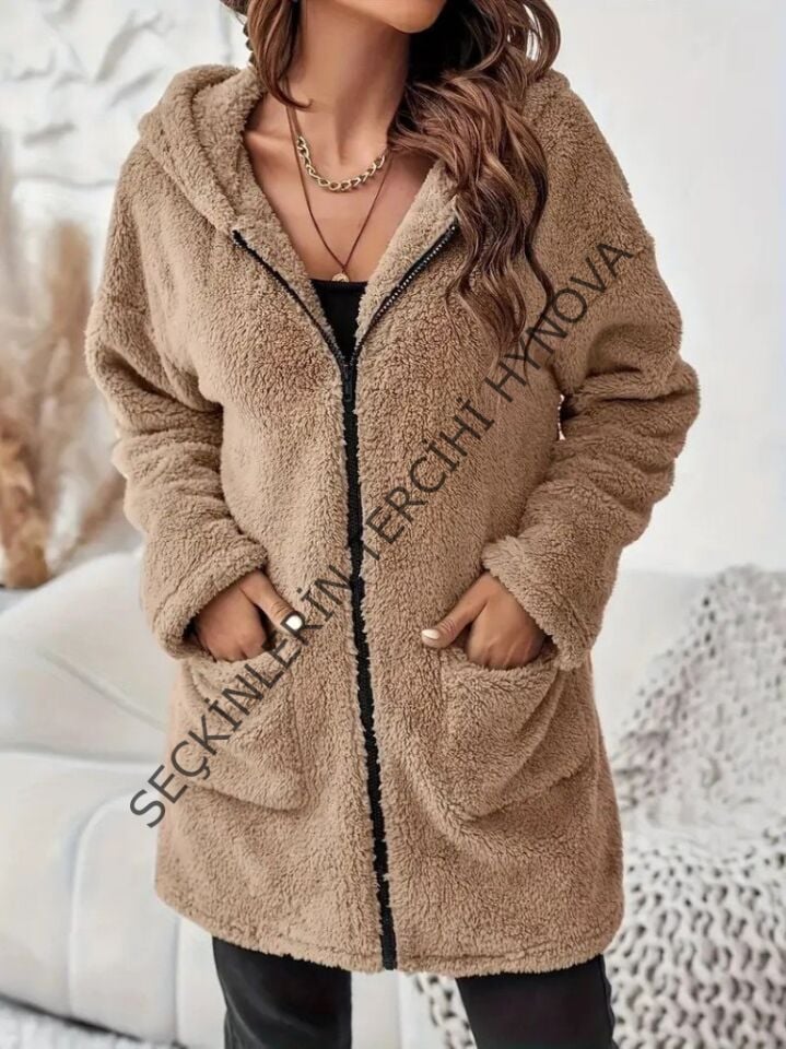 Kadın Uzun Kollu Kapşonlu önden Fermuarlı Cepli Welsoft Ceket