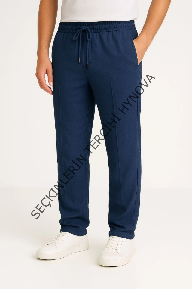 Erkek Keten Pantolon – Cepli, Beli Lastikli Ve Bağcıklı, Nefes Alan Rahat Kalıp, Yazlık Ve Baharlık Günlük Giyim, Şık - Konforlu Boru Paça Model - Lacivert