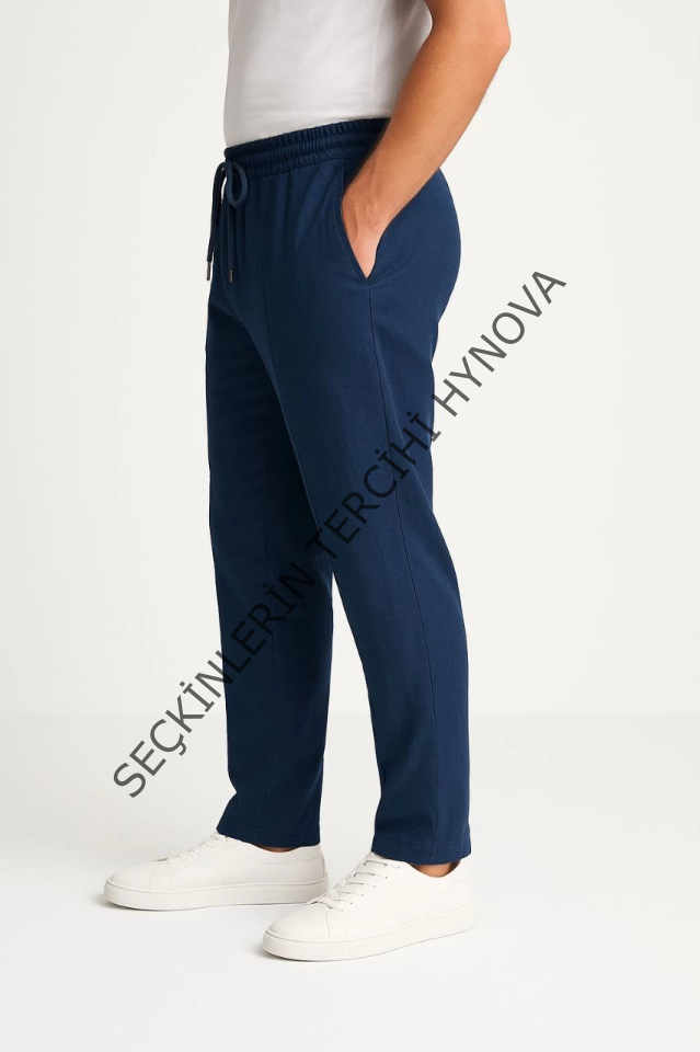 Erkek Keten Pantolon – Cepli, Beli Lastikli Ve Bağcıklı, Nefes Alan Rahat Kalıp, Yazlık Ve Baharlık Günlük Giyim, Şık - Konforlu Boru Paça Model - Lacivert