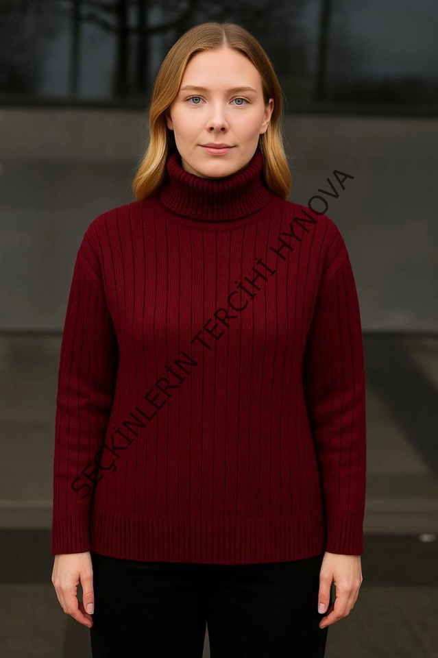 Balıkcı Yaka Bağazlı Triko Kazak Pamuklu Kalın Fitilli Dokuma - Bordo
