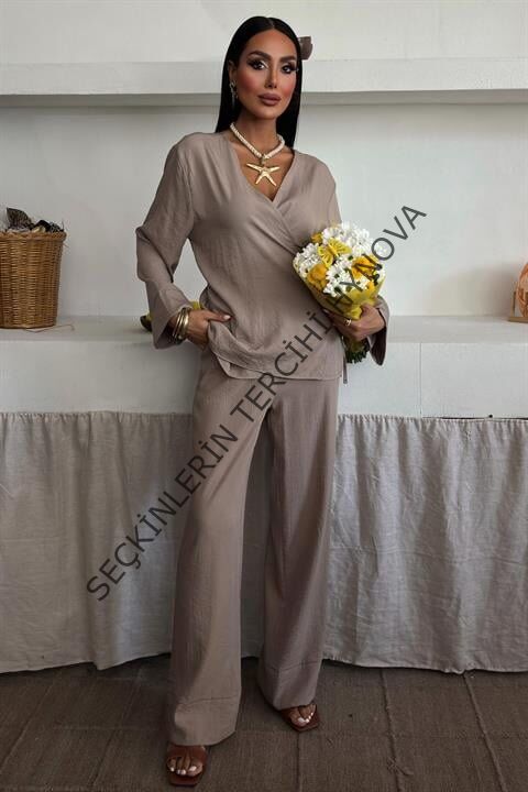 Kruvaze Model Klasik Pantolonlu Çupra Keten Takım 10191