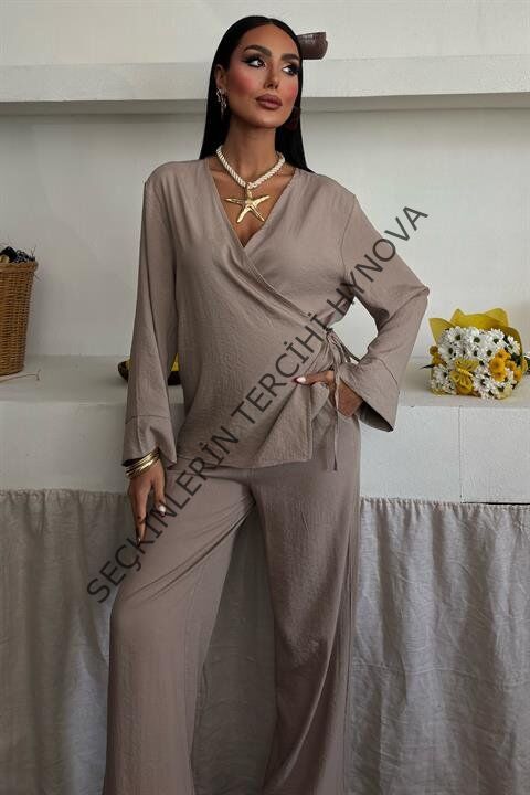 Kruvaze Model Klasik Pantolonlu Çupra Keten Takım 10191