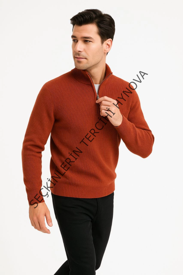 Erkek Yarım Fermuarlı Triko Kazak – Selanik Örgü, Dik Yaka, Pamuklu Dokuma, Regular Fit Uzun Kollu Kışlık Model - Kiremit