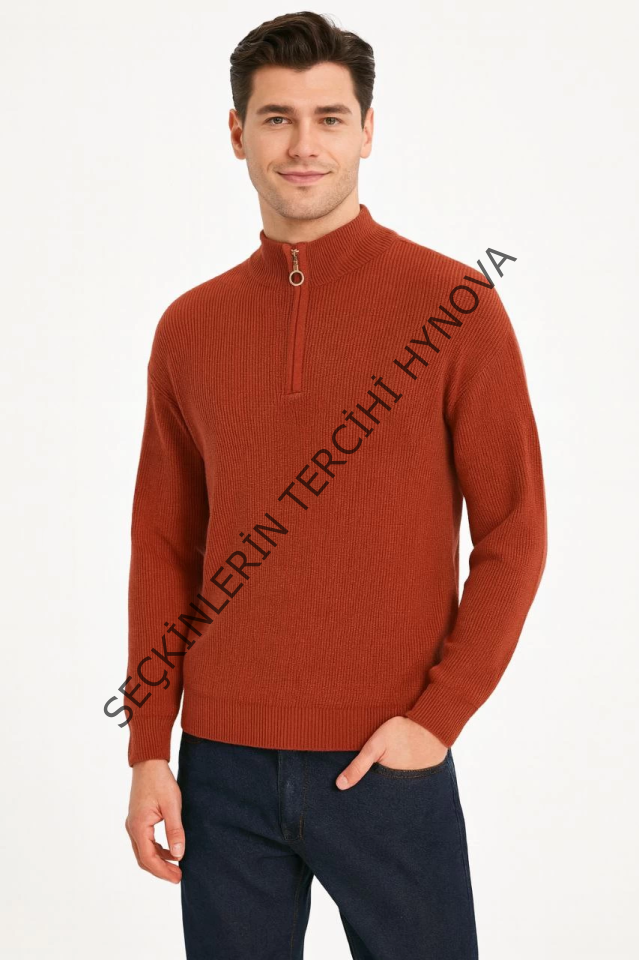 Erkek Yarım Fermuarlı Triko Kazak – Selanik Örgü, Dik Yaka, Pamuklu Dokuma, Regular Fit Uzun Kollu Kışlık Model - Kiremit