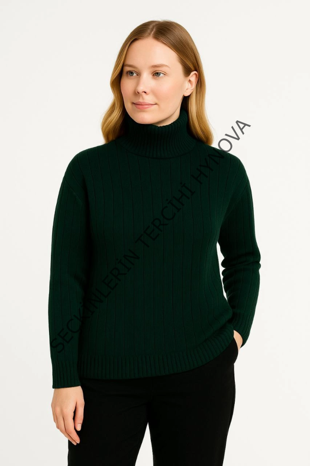 Balıkcı Yaka Bağazlı Triko Kazak Pamuklu Kalın Fitilli Dokuma - Haki