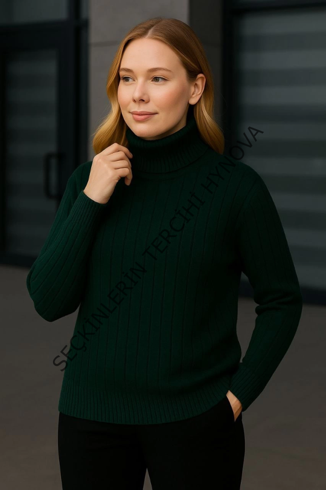 Balıkcı Yaka Bağazlı Triko Kazak Pamuklu Kalın Fitilli Dokuma - Haki