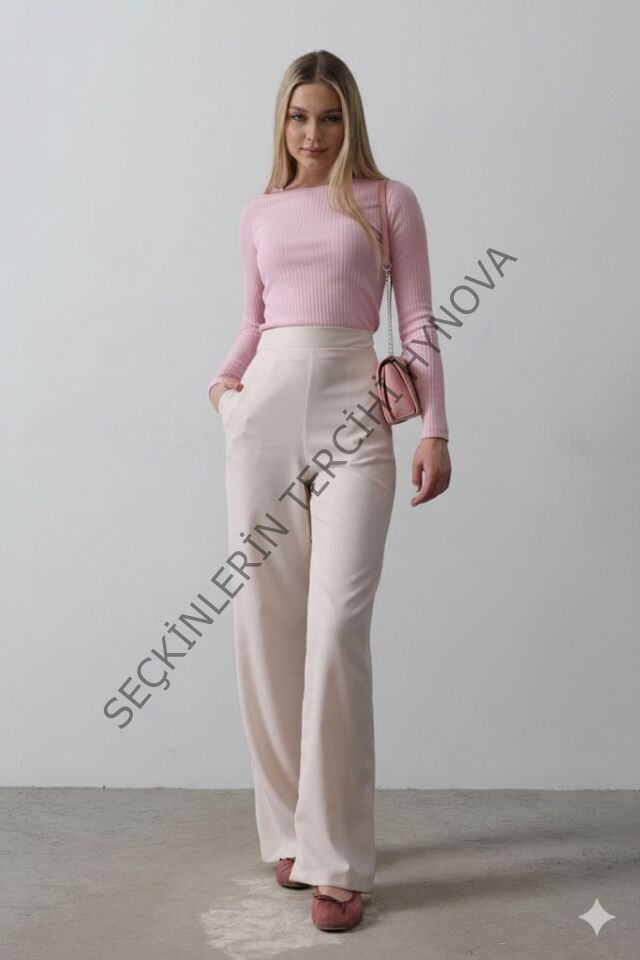 Beli Yarım Lastikli Palazzo Pantolon - Pudra
