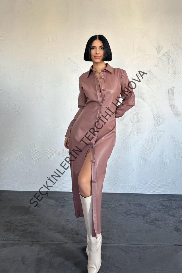 Pudra Boydan Düğmeli Deri Elbise