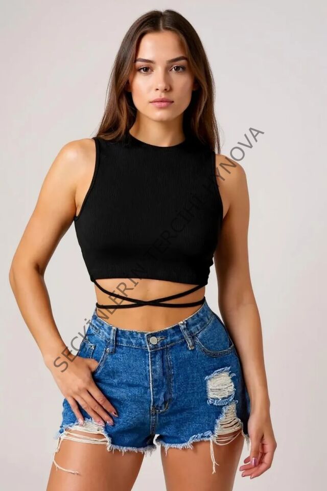 Kadın Siyah Çapraz Bağlamalı Crop Top Büstiyer – Modern ve Şık Tasarım