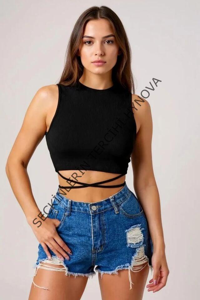 Kadın Siyah Çapraz Bağlamalı Crop Top Büstiyer – Modern ve Şık Tasarım