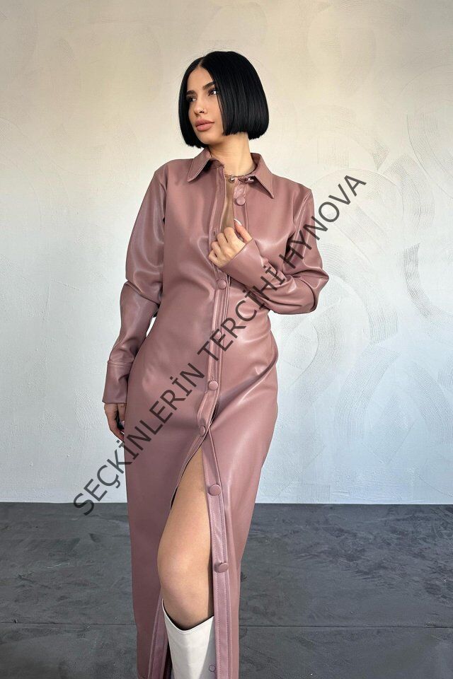 Pudra Boydan Düğmeli Deri Elbise