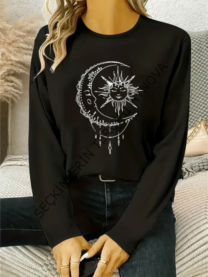 Kadın Uzun Kollu Bisiklet Yaka Ay Baskılı Viskon Bluz