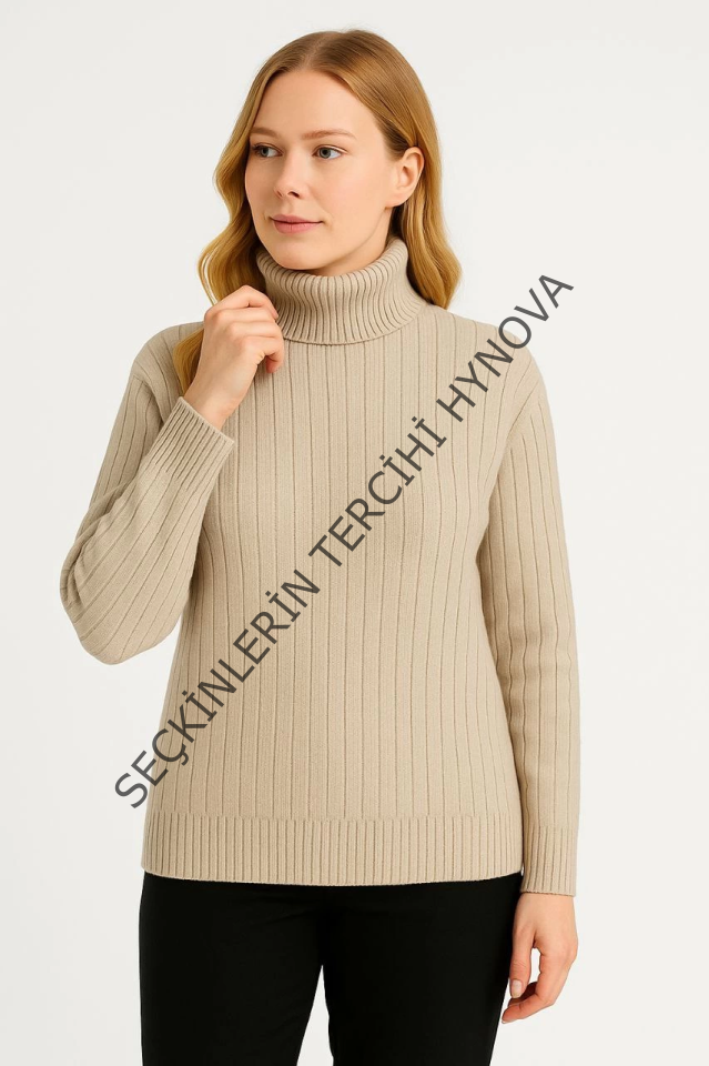 Balıkcı Yaka Bağazlı Triko Kazak Pamuklu Kalın Fitilli Dokuma - Bej