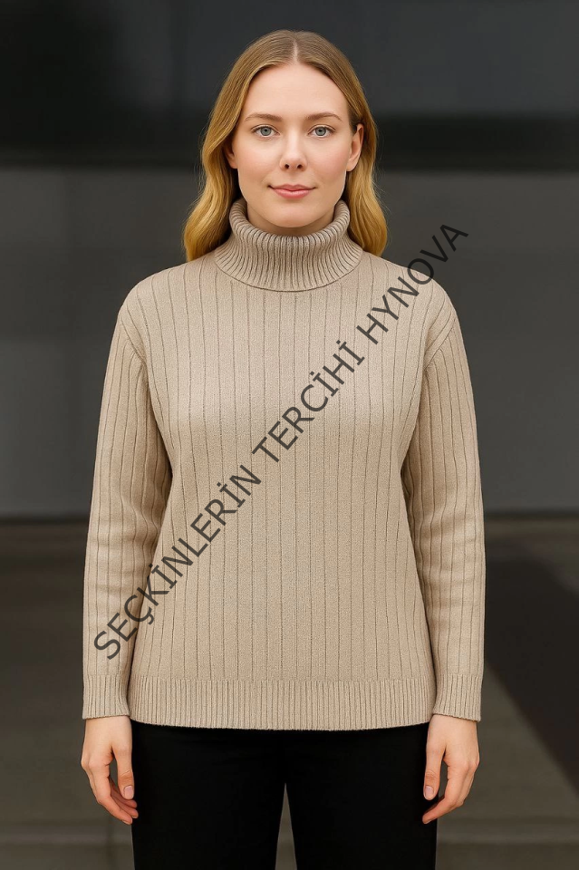 Balıkcı Yaka Bağazlı Triko Kazak Pamuklu Kalın Fitilli Dokuma - Bej