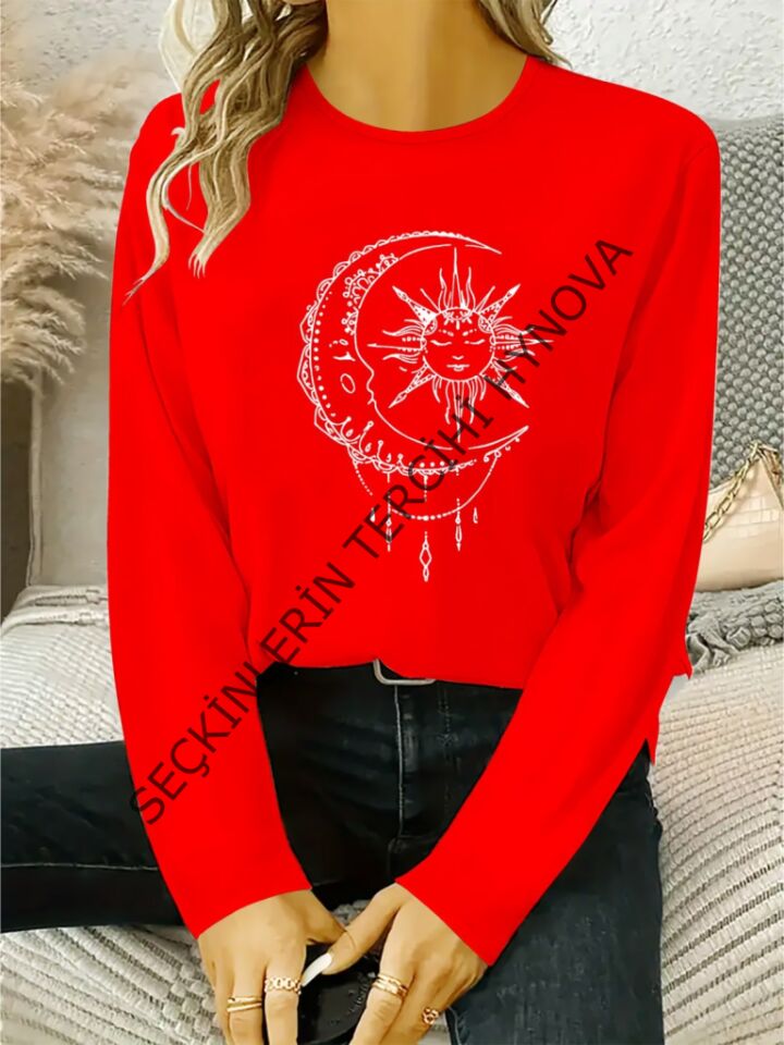 Kadın Uzun Kollu Bisiklet Yaka Ay Baskılı Viskon Bluz