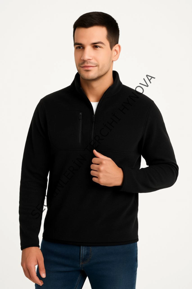 Erkek Polar Kazak – Dik Yaka, Yarım Fermuarlı, Fermuarlı Göğüs Cepli, Siyah Biyeli, Kışlık Rahat Regular Fit Günlük Model - Siyah