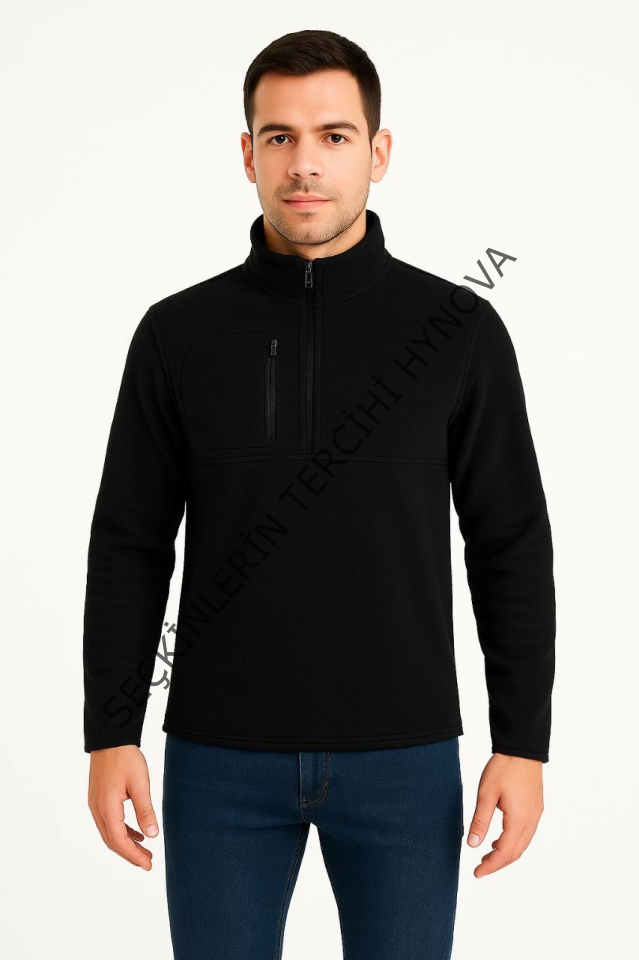 Erkek Polar Kazak – Dik Yaka, Yarım Fermuarlı, Fermuarlı Göğüs Cepli, Siyah Biyeli, Kışlık Rahat Regular Fit Günlük Model - Siyah