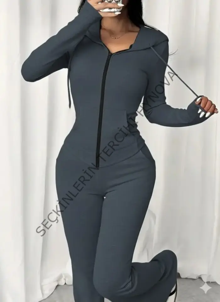 Kadın Uzun Kollu Kapşonlu Bağcıklı önü Fermuarlı Viskon Iki Iplik Bluz Ve Pantolon Ikili Takım