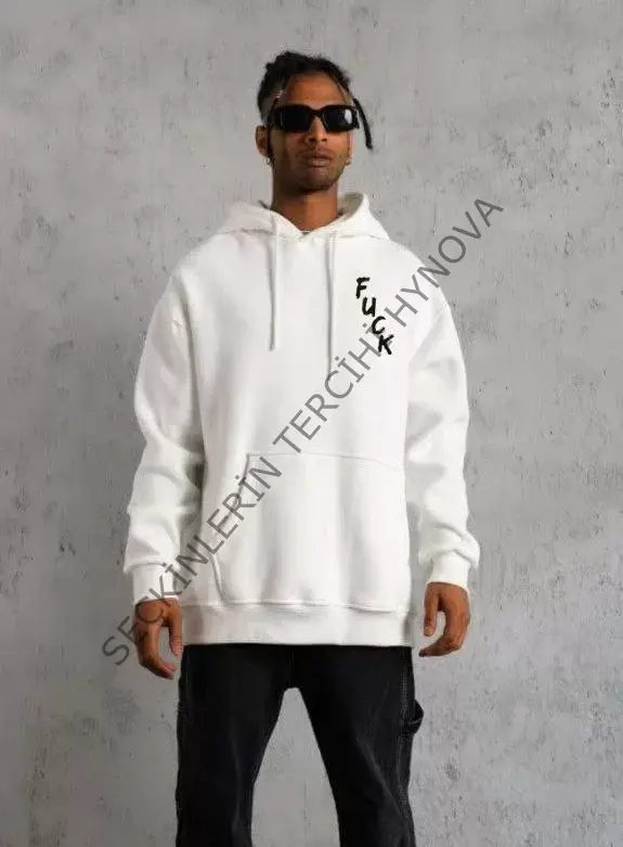Unisex Kapşonlu Uzun Kol Baskılı Sweetshirt - Beyaz