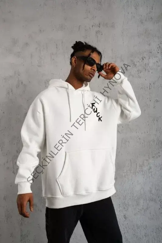 Unisex Kapşonlu Uzun Kol Baskılı Sweetshirt - Beyaz